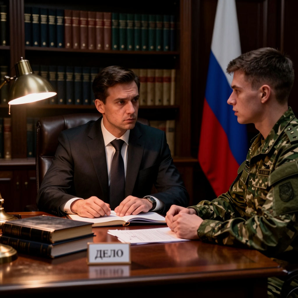 На картинке изображено Адвокат разговаривает с военнослужащим