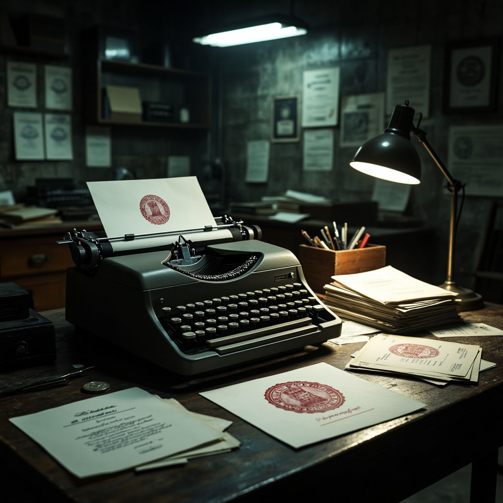 На картинке изображено Документ с фальшивой печатью в пишущей машинке