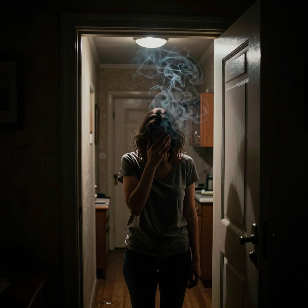 На картинке изображено Дверь в квартиру открыта. В квартире в дыму стоит человек