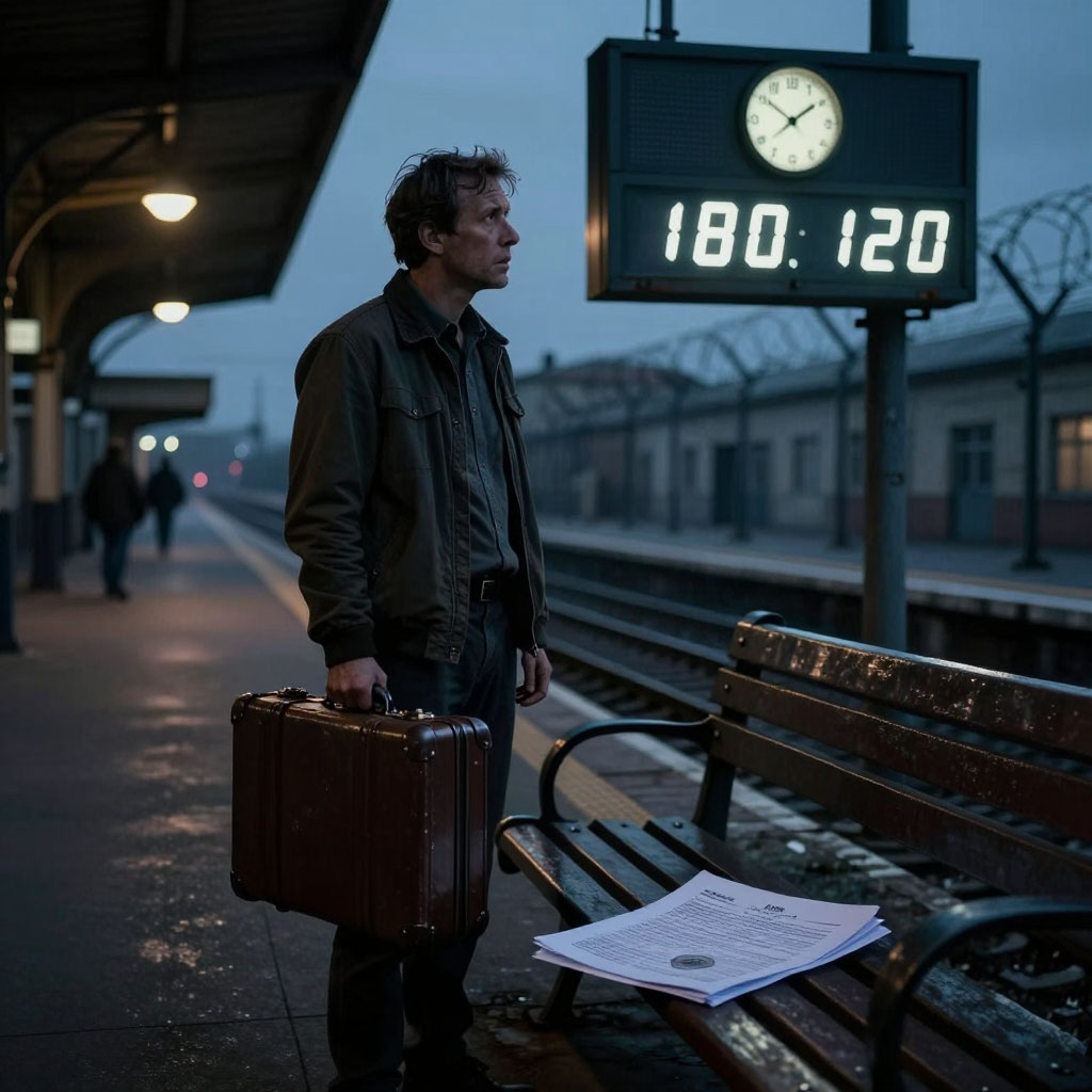 На картинке изображено Мужчина стоит на вокзале и смотрит на часы. Рядом забор из колючей проволоки