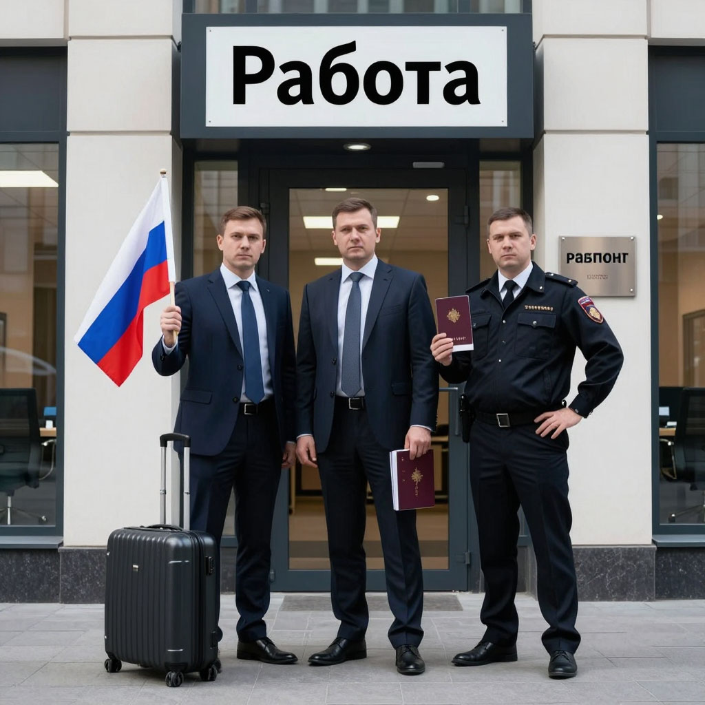 На картинке изображено Люди стоят у входа с надписью «Работа»