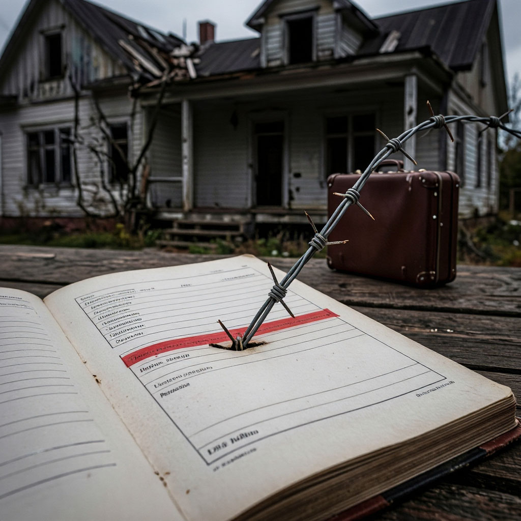 На картинке изображено Дом, на переднем плане домовая книга с колючей проволокой